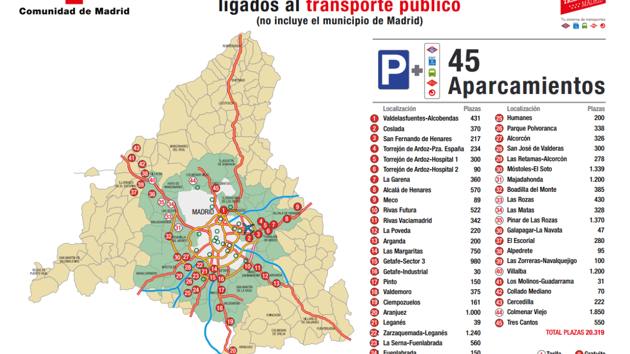 Mapa de los aparcamientos disuasorios en la Comunidad de Madrid