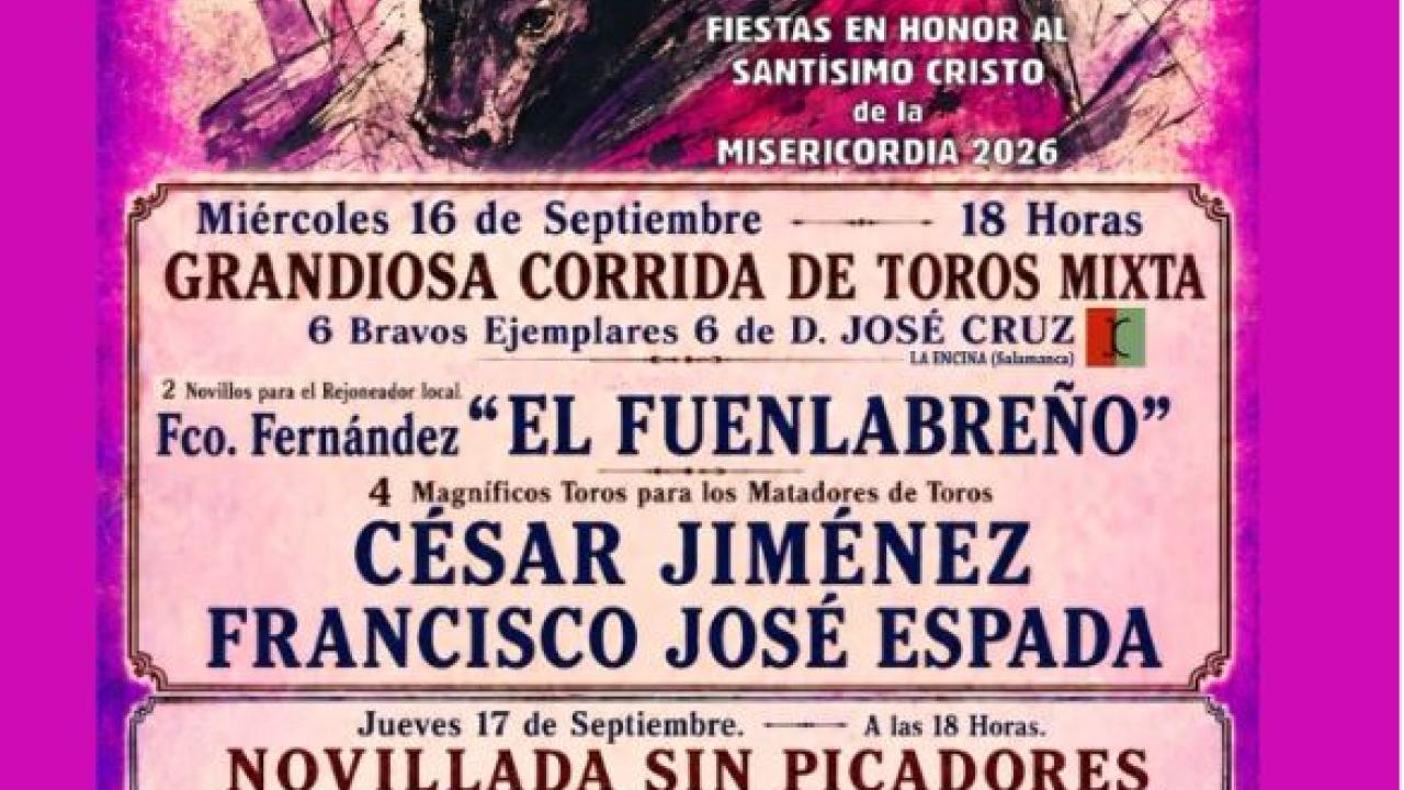 Programación taurina de las Fiestas en Honor al Santísimo Cristo de la Misericordia 2026