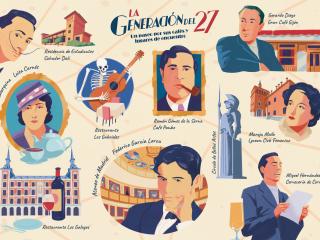 La Generación del 27. Un paseo por sus cafés y lugares de encuentro. Ilustración: GuIllermo Barón / Archivo de la D.G. de Turismo y Hostelería