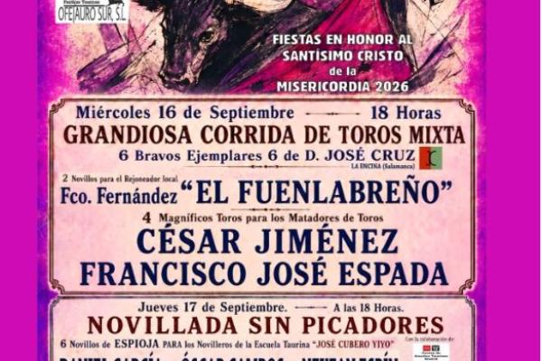 Programación taurina de las Fiestas en Honor al Santísimo Cristo de la Misericordia 2026