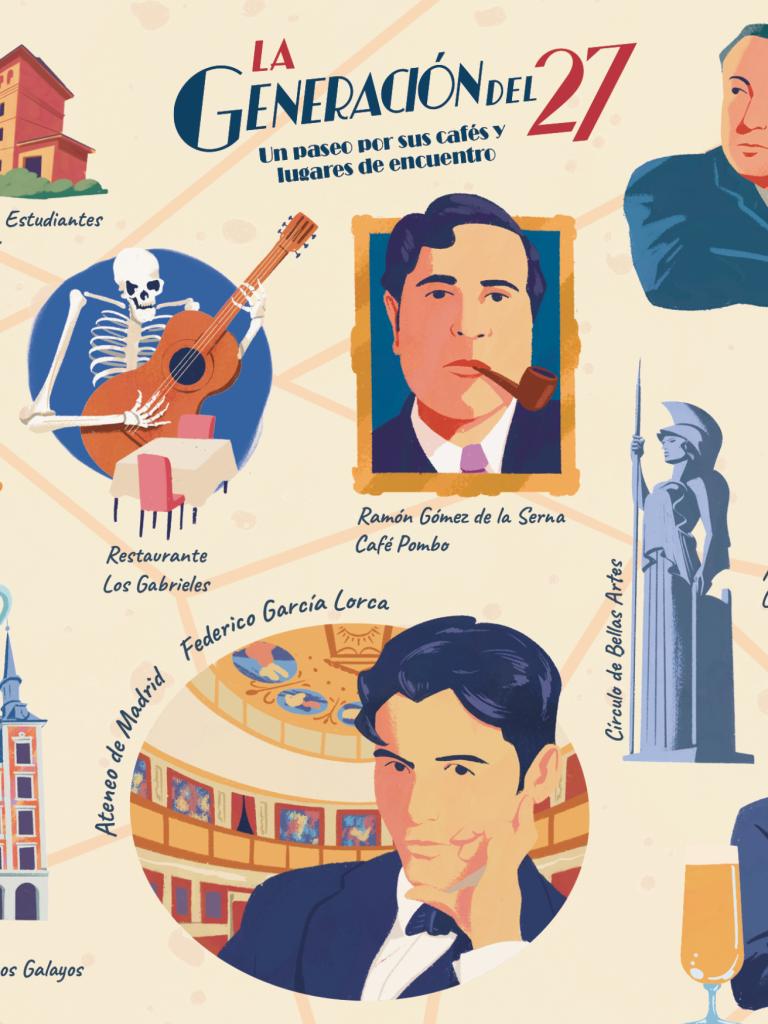 La Generación del 27. Un paseo por sus cafés y lugares de encuentro. Ilustración: GuIllermo Barón / Archivo de la D.G. de Turismo y Hostelería
